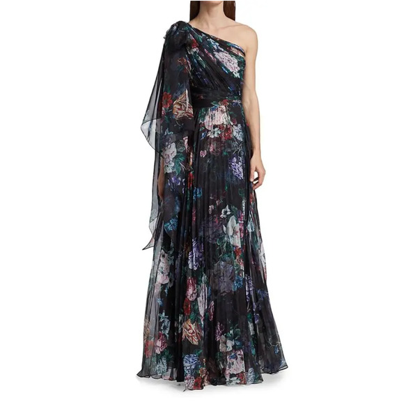 Marchesa One-Shoulder Gown Pleated Floral Chiffon Black Dress Side Slit Sz 6 - Picture 2 of 11
